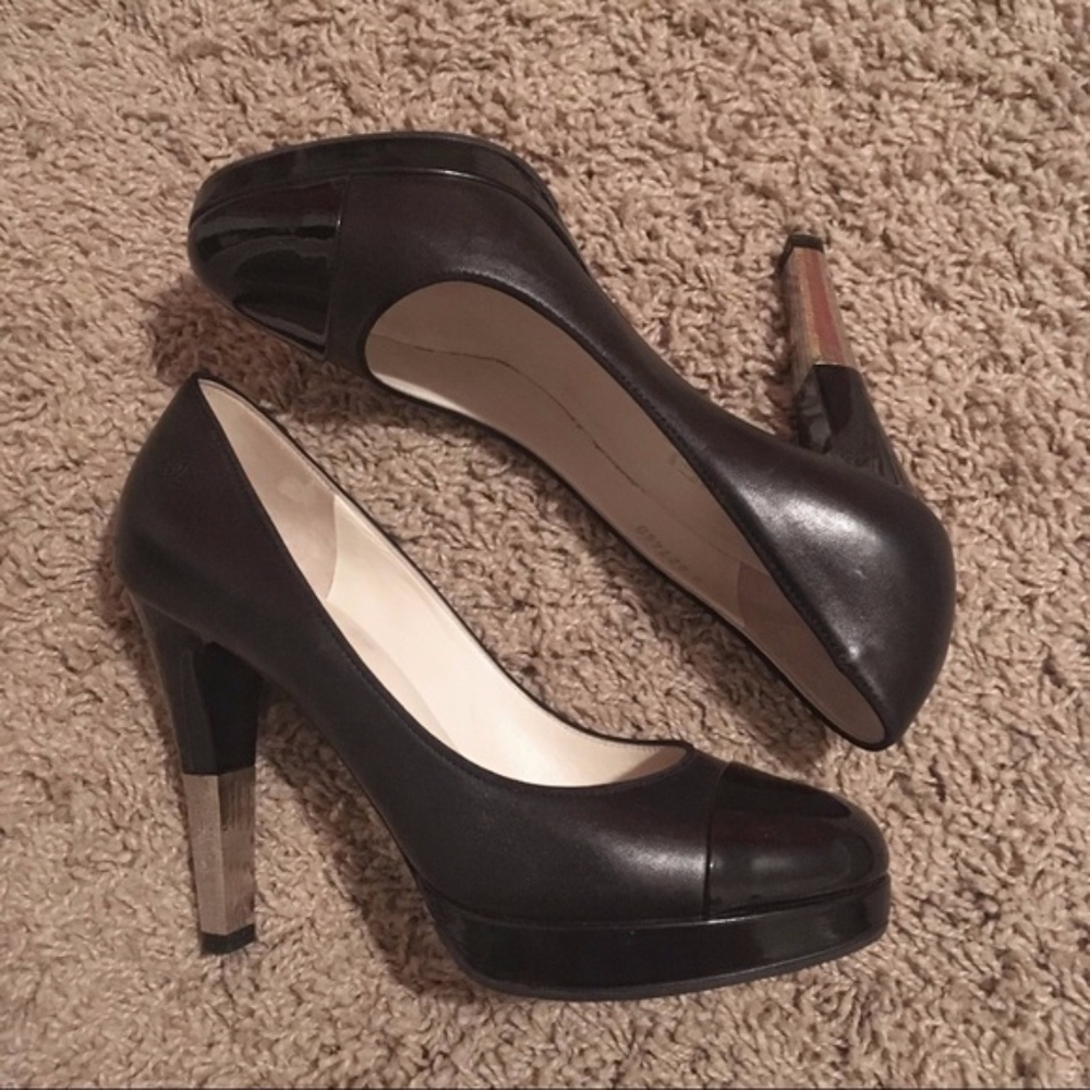 CHANEL: Black Leather Platform Pumps Gold Heel